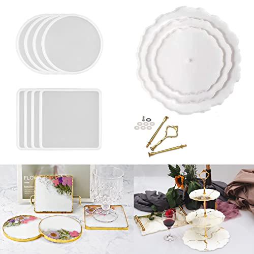 ResinWorld 3 Tier Resin Mold, Cake Stand Molds for Resin + 8 Pack Thick 4 inches Resin Coaster Molds Set ResinWorld