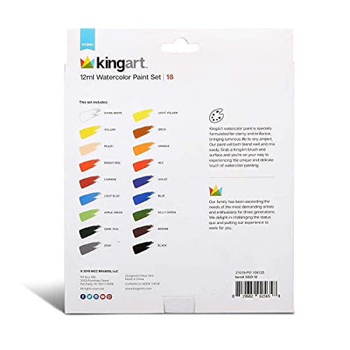 KINGART Studio Watercolor Paint, 12ml (.4oz), Set of 18 Colors KINGART