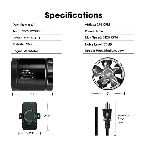 VIVOSUN Inline Booster Duct Fan 6” 275 CFM with Speed Controller, HVAC Exhaust Ventilation Fan with Low Noise for Basements, Bathrooms, Kitchens, VIVOSUN