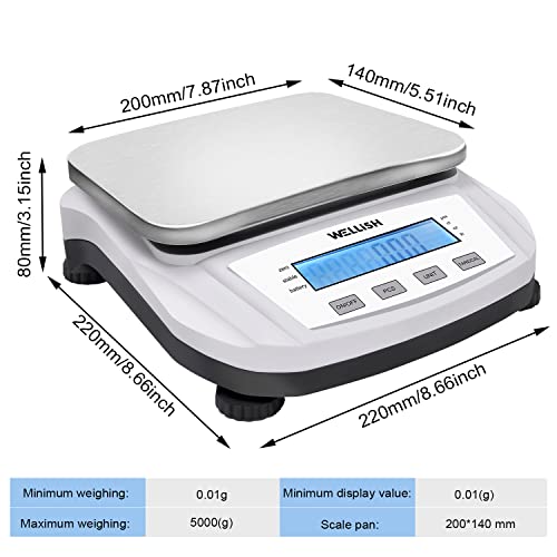 Lab Scale 5000g/0.01g High Precision Digital Scale Analytical Balance Electronic Scale for Kitchen Lab Weighing WELLiSH