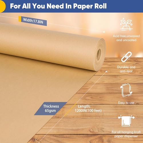 Vanhench Brown Wrapping Paper, Craft Paper, Kraft Paper Roll 17.8"x 1200"(100'), Gift Wrapping Bulletin Board Arts & Crafts, Bouquet Flower Table Vanhench