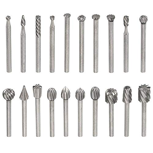 Yakamoz 20pcs 1/8" (3mm) Shank High Speed Steel Rotary Files Burrs Wood Milling Rotary File Burr Set for DIY Woodworking Carving Engraving Drilling YAKAMOZ