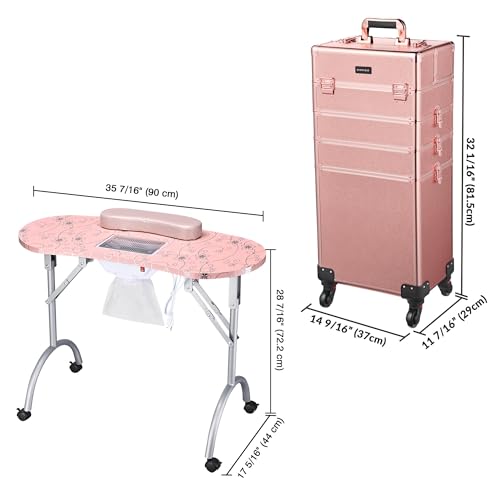 BYOOTIQUE Rolling Manicure Table 4in1 Makeup Train Case Foldable Nail Desk Cosmetology Case on Wheels with Built-in Dust Collector for Technician AW