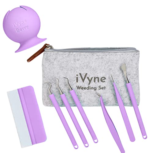 iVyne (8pcs) Premium Vinyl Weeding Tool Kit & Weeding Scrap Collector Soft Grip Tools with Berry, Weeder, Tweezers, Picker Or Hook, and Scraper Set iVyne