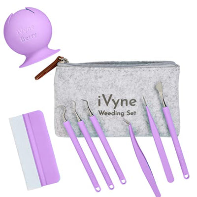 iVyne (8pcs) Premium Vinyl Weeding Tool Kit & Weeding Scrap Collector Soft Grip Tools with Berry, Weeder, Tweezers, Picker Or Hook, and Scraper Set