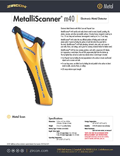 Zircon MetalliScanner m40 Handheld Electronic Metal Detector For Use on Dry Wall, Concrete, Lathe and Plaster, Stucco and More Zircon