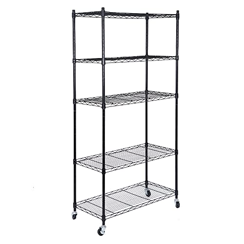 SUPER DEAL Black 5-Shelf Heavy Duty Storage Wire Shelving Unit with Wheels for Restaurant Garage Pantry Kitchen Garage Rack (30L x 14W x 63H) SUPER DEAL
