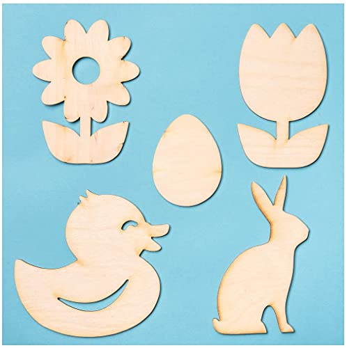 Pack of 15 Unfinished Wood Assorted Springtime Cutouts by Factory Direct Craft - Bunnies, Ducks, Eggs and Flowers Wooden DIY Shapes for Scouts, Factory Direct Craft