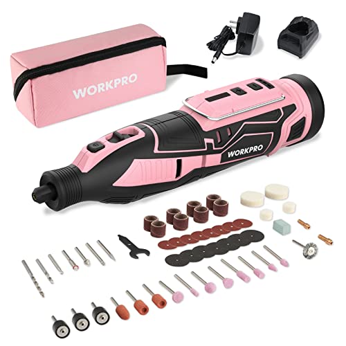 WORKPRO Pink 12V Cordless Rotary Tool Kit, 5 Variable Speeds, Powerful Engraver, Sander, Polisher, 114 Easy Change Accessories, Craft Tool for WORKPRO