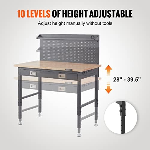 VEVOR Workbench Adjustable Height 28-39.5" Work Bench for Garage Oak Plank & Carbon Steel Heavy Duty Workbench 2000lbs Weight Capacity Bench top Size VEVOR