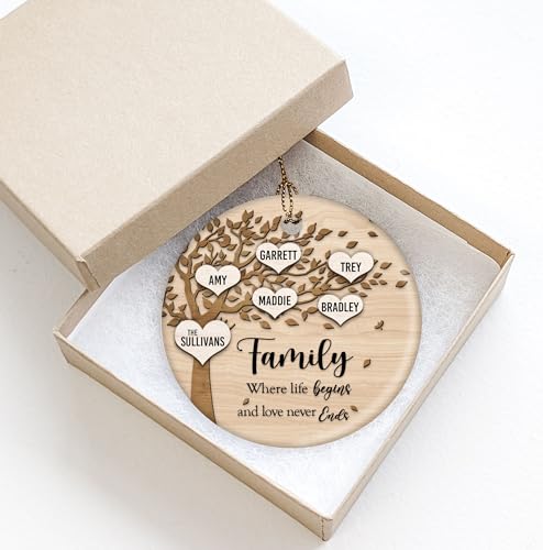 Family Where Life Begins and Never Ends Personalized 3 Inch Ceramic Christmas Ornament With Gift Box (5 Names) MRC Wood Products