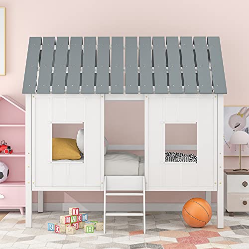 Merax Twin Size Low Loft Wooden House Bed with Roof and Windows in White and Grey Merax