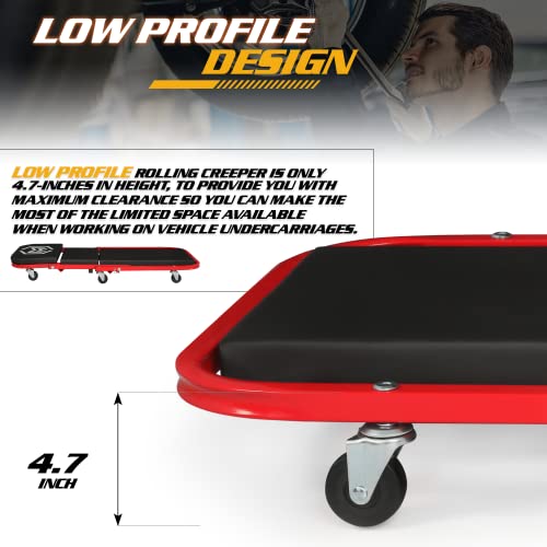 Magshion 40" Triplex Folding Creeper and Rolling Seat 2-in-1 330 lbs Capacity Foldable Mechanic Creeper Garage Stool Lay Down or Sit (Red) Magshion