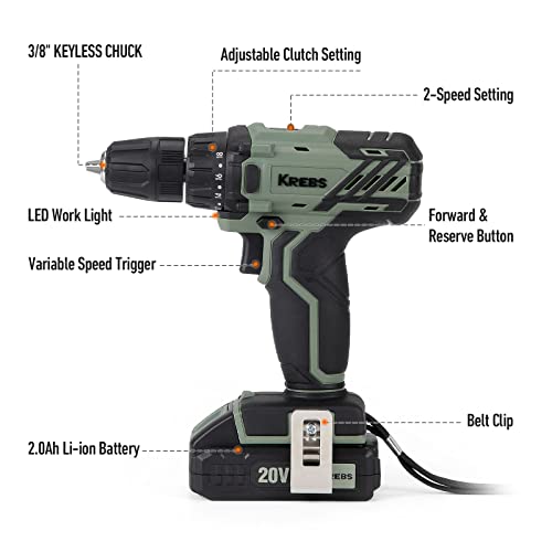 KREBS 20V Cordless Drill Set, Power Drill Kit with 1 Batteries & Fast Charger, 3/8-Inch Keyless Chuck 2 Variable Speed 18+1 Torque Setting and 28pcs KREBS