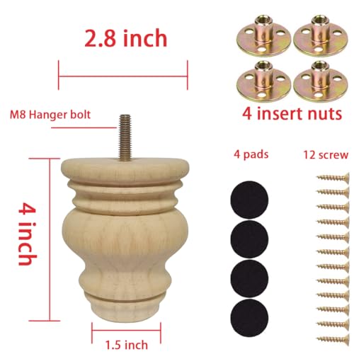 Btibpse 4 Inch Wooden Furniture Legs, Solid Wood Unpainted Replacement Furniture Legs, Ottoman/Loveseat Replacement Legs, Cabinet Btibpse