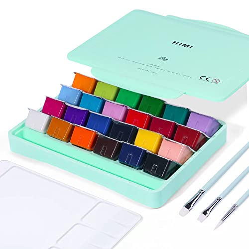 HIMI Gouache Paint Set, 24 Colors x 30ml Unique Jelly Cup Design with 3 Paint Brushes and a Palette in a Carrying Case Perfect for Artists, Students, Artme