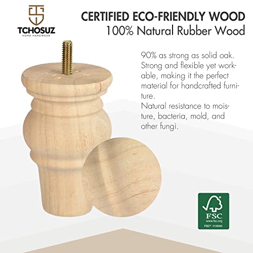 4 Inch Wooden Furniture Legs,Tchosuz Solid Unfinished Bun Feet with 5/16 inch Bolt,Modern Mid-Century Carved Sofa Couch Feet Furniture Replacement TCHOSUZ