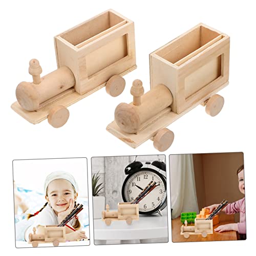 STOBOK 2pcs DIY Train Pen Holder Wooden Trains Tools Wood Unfinished Wooden Wooden Car Unfinished Blank Pen Cup DIY Blank Pen Container DIY Graffiti STOBOK