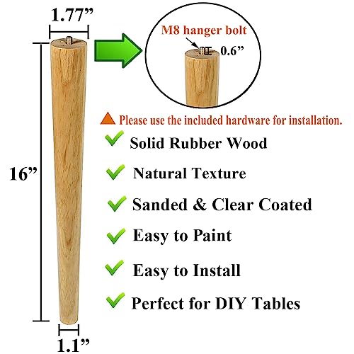 Sopicoz Table Legs 16 inch Wood Furniture Legs for Coffee Table End Table Mid-Century Modern DIY Furniture Tapered Natural Threaded M8 Hanger Bolts Sopicoz