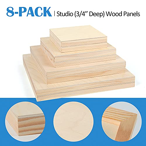 Unfinished Birch Wood Canvas Panels Kit, Falling in Art 8 Pack of 4 Sizes Studio 3/4’’ Deep Cradle Boards for Pouring Art, Crafts, Painting, and More Falling in Art