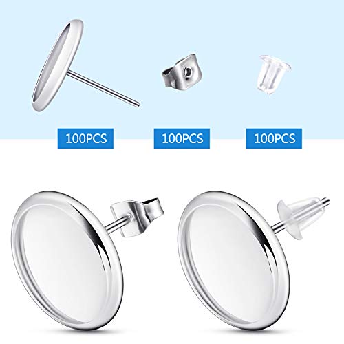 300 Pieces Stud Earring Kit Include 100pcs 12 mm Stainless Steel Blank Stud Bezel Settings 100 Rubber Backs 100 Earring Backs (Silver with Silver and Hicarer