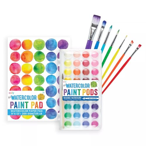 Ooly, Lil' Pods Watercolor Bundle including Extra Brushes and Watercolor Pad, 36 Washable Paints Colors Ooly