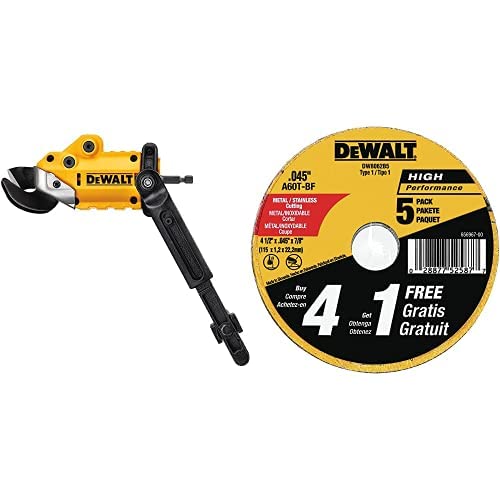 DEWALT Metal Shear/Cutter Drill Attachment (DWASHRIR) and DEWALT Cutting Wheel, General Purpose Metal Cutting, 4-1/2-Inch, 5-Pack (DW8062B5), Multi DEWALT