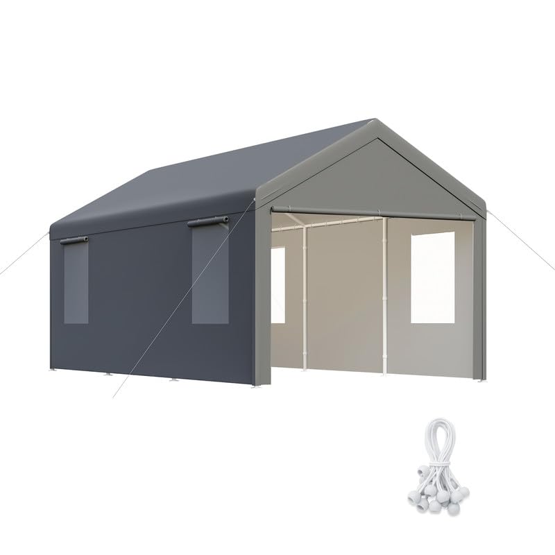 CAPEWORTH Carport,12x20 Heavy Duty Carports, Canopy, Garage, Metal Shed, with 4 Roll-up Ventilated Windows, Outdoor, Storage, Car, Boat,12x20 Grey CAPEWORTH