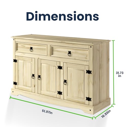 Furniture Dash Solid Wood Buffet Sideboard 51.9" W, 16.9" D, 31.6" H - Wooden Storage Cabinet with 3 Doors & 2 Drawers - Cupboard Console Table, Furniture Dash