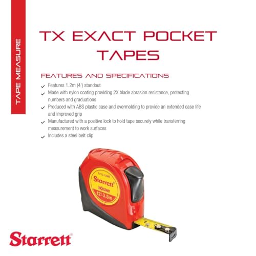 Starrett Exact Retractable Imperial/Metric Pocket Tape Measure with Nylon Coating, Self Adjusting End Hook, and Steel Belt Clip - 1/2-inch Width x 12 Starrett