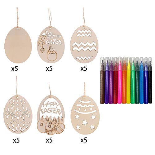 Anditoy 30 PCS Easter Wooden Hanging Ornaments Unfinished Wood Slices Eggs Easter Crafts for Kids DIY Easter Decorations Party Supplies Decor Anditoy