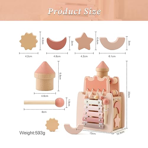 Wooden Baby Activity Cube for Toddlers 1-3,5 in 1 Castle Shape Sorter Bead Maze Montessori Toys for Baby 6 Months+, Educational Learning Toy for Kids Wooden Teether