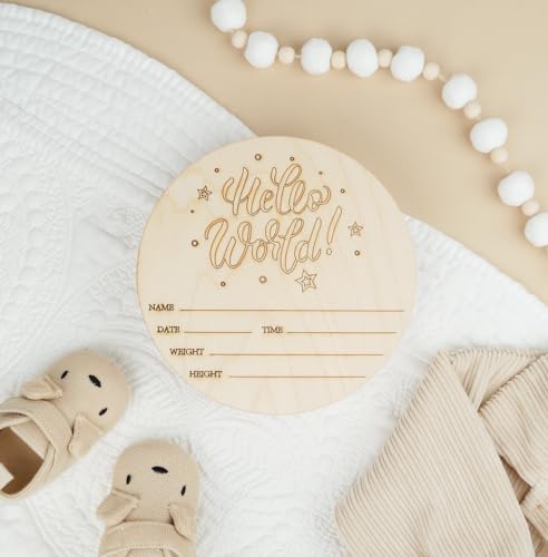 Hello World Newborn Sign 7-inch, Pack of 2 Birth Announcement Sign for Hospital, Wood Baby Name Signs for Nursery, by Woodpeckers Woodpeckers