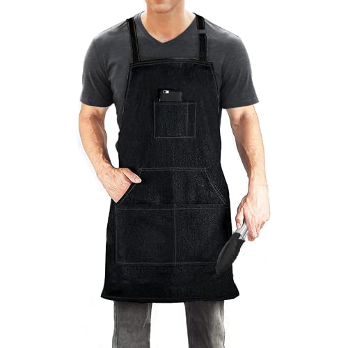 Dadidyc Durable Black Denim Aprons for Men/Women with Pockets Tool Apron Waterproof Adjustable Canvas Apron Lightweight Kitchen Apron Work Apron Dadidyc