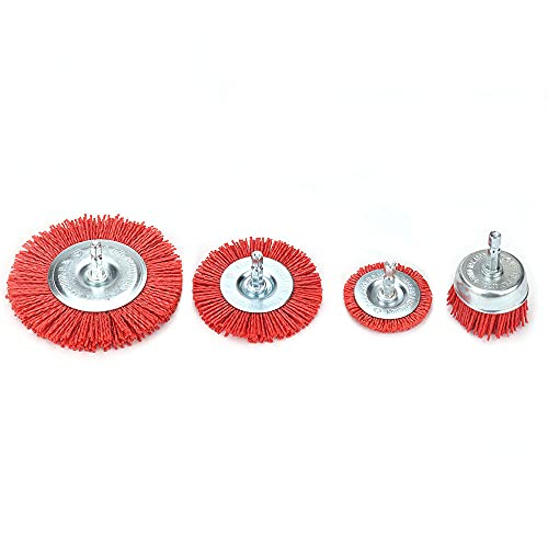 KUOFU 4 Pack Nylon Filament Abrasive Wire Brush Polishing Wheel with 1/4" Hex Shank Surface Cleaning Rust Removal Red 120# - WoodArtSupply