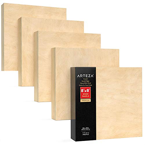 Arteza Wooden Canvas Board, 8x8 Inch, Pack of 5, Birch Wood, Cradled Artist Wood Panels for Painting, Encaustic Art, Wood Burning, Pouring, Use with ARTEZA