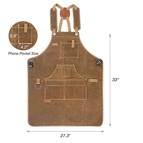 Briteree Woodworking Apron for Men, Gifts for Woodworker, with 9 Tool Pockets, Durable Waxed Canvas Work Apron Briteree
