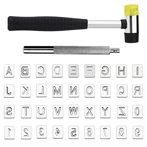 38 PCS Leather Stamping Tools, Leather Stamping Kit with 36pcs Letters and Numbers, Rubber Hammer, Leather Punch Tools, Leather Stamp Set Leather ZMAAGG