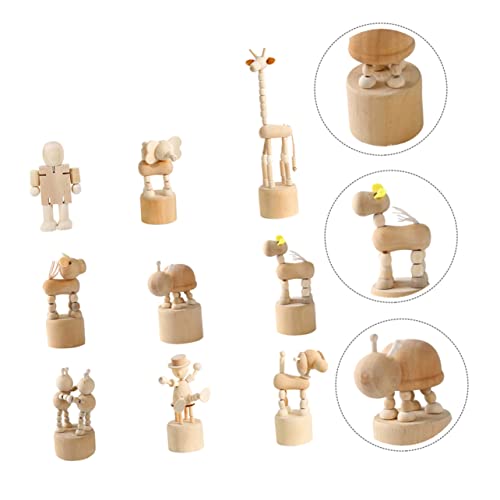 KONTONTY 9pcs Wooden DIY Animals Puppet Press Base Toys Wooden Matching Sheep Jungle Animals Wood Crafts Ornaments Children Wooden Giraffe Toy Mini KONTONTY