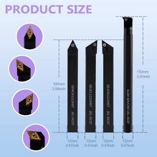 Gluwoer Indexable Lathe Turning Tool 1/2" Shank 14PCS Kit-4PCS Metal Lathe Tools Holder 10PCS DCMT21.51 Carbide Insert for Turning Boring Grooving Gluwoer