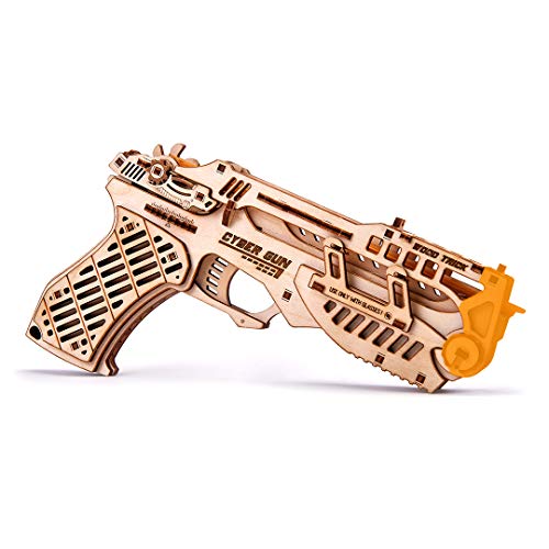 Wood Trick Cyber Gun 3D Wooden Puzzle - Rubber Band Gun Pistol - Shoots up to 20 feet - Wood Model Kit for Adults and Kids to Build - 14+ Wood Trick