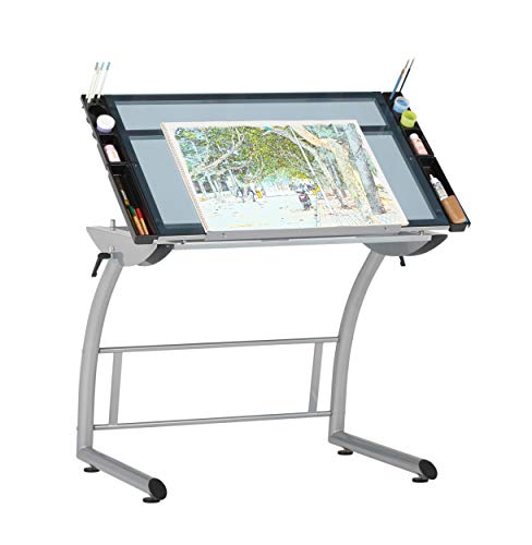 SD STUDIO DESIGNS Triflex Drawing Table, Sit to Stand Up Adjustable Office Home Computer Desk, 35.25" W X 23.5" D, Silver/Blue Glass SD STUDIO DESIGNS