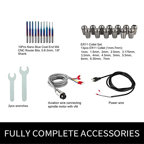 CNC Spindle Motor Kits, 110V 1.5KW Air Cooled Spindle CNC Spindle +110V 1.5KW VFD+Φ65mm Clamp Mount +Collet Set ER11+ Drill bits+ Wires+ Wrenches for Zhong Hua Jiang