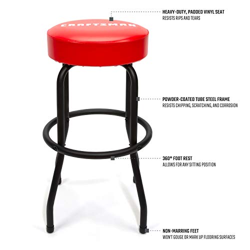 Craftsman Fixed Height Work Shop Stool, 28.5-inches Tall, Rip-Resistant Padded Vinyl Seat, 300-lb Capacity, 360-degree Footrest, Non-Marring Feet Craftsman