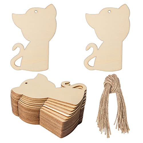 Cat Shape Wooden Blank Wood with Twines Art Unfinished Ornaments for Christmas Wedding Birthday Party Christmas Thanksgiving Day Decoration 20Pcs Zontween