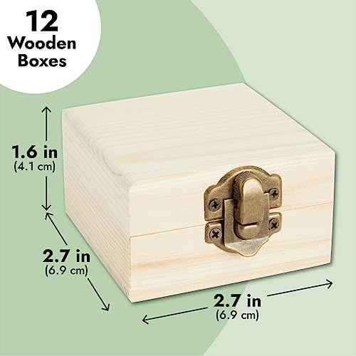 12 Pack of Small Unfinished Wooden Boxes for Crafts Supplies, Paintable Wood Treasure Chests for Jewelry and DIY Projects (2.7x2.7x1.6 in) Bright Creations