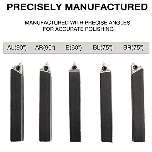 Toolly 5 Pieces 3/8 Inch Mini Lathe Indexable Carbide Insert Bit Tool Set for Turning, Cutting, Facing, Boring and Chamfering Toolly