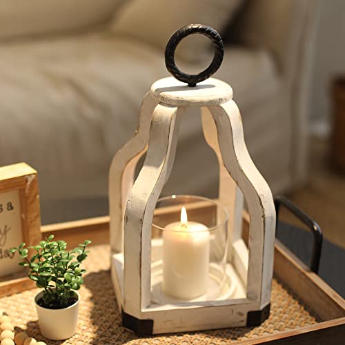 SwallowLiving 13" Rustic Farmhouse Wood Candle Hurricane Lantern with Glass Candlestick Holder for Patio, Table Centerpiece, White SwallowLiving