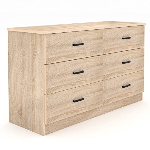 Bigbiglife Wood Dresser for Bedroom, 6 Drawer Double Dresser with Metal Handles, 15.8" D x 47.2" W x 27.7" H, Light Oak Bigbiglife