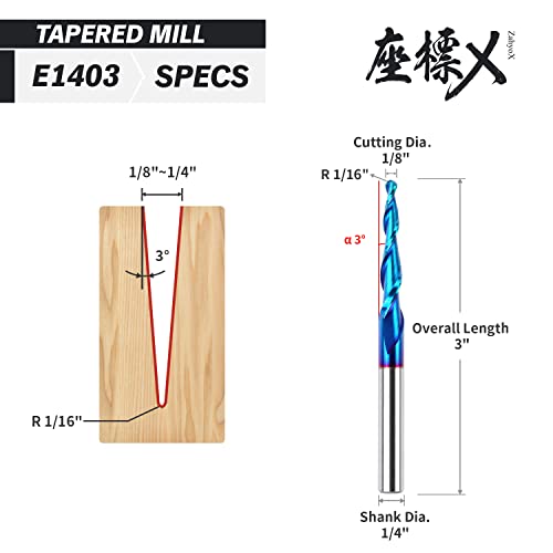 ZahyoX 3D Carving Tapered Angle Ball Nose CNC Bit, 3.0 Degree nACo Coated Solid Carbide Router Bit, 1/16" Cutting Dia, 1/32" Radius, 1/4" Shank, 3" Zahyox
